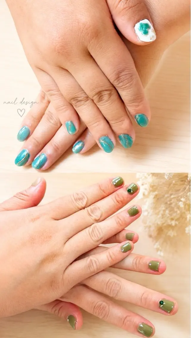 ネイル ゴールド グリーン マグネットネイル ニュアンスネイル ハンドネイル フットネイル ハンドケア Shibata Asamiのネイルデザイン