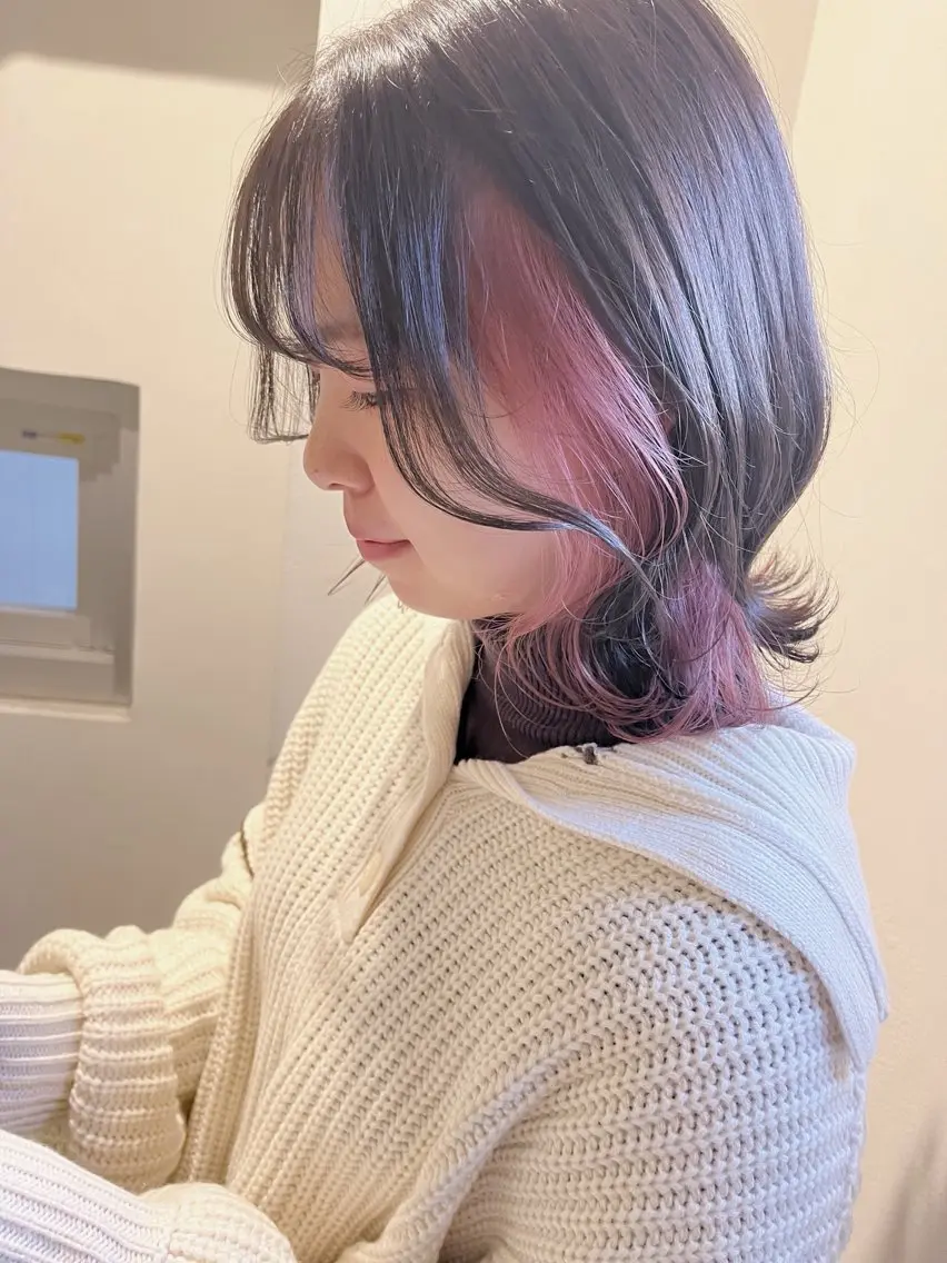 ミディアム カラー ヘアアレンジ イヤリングカラー ピンクカラー 学割有り/清楚/韓国 風/レイヤー/拓朗のヘアスタイル