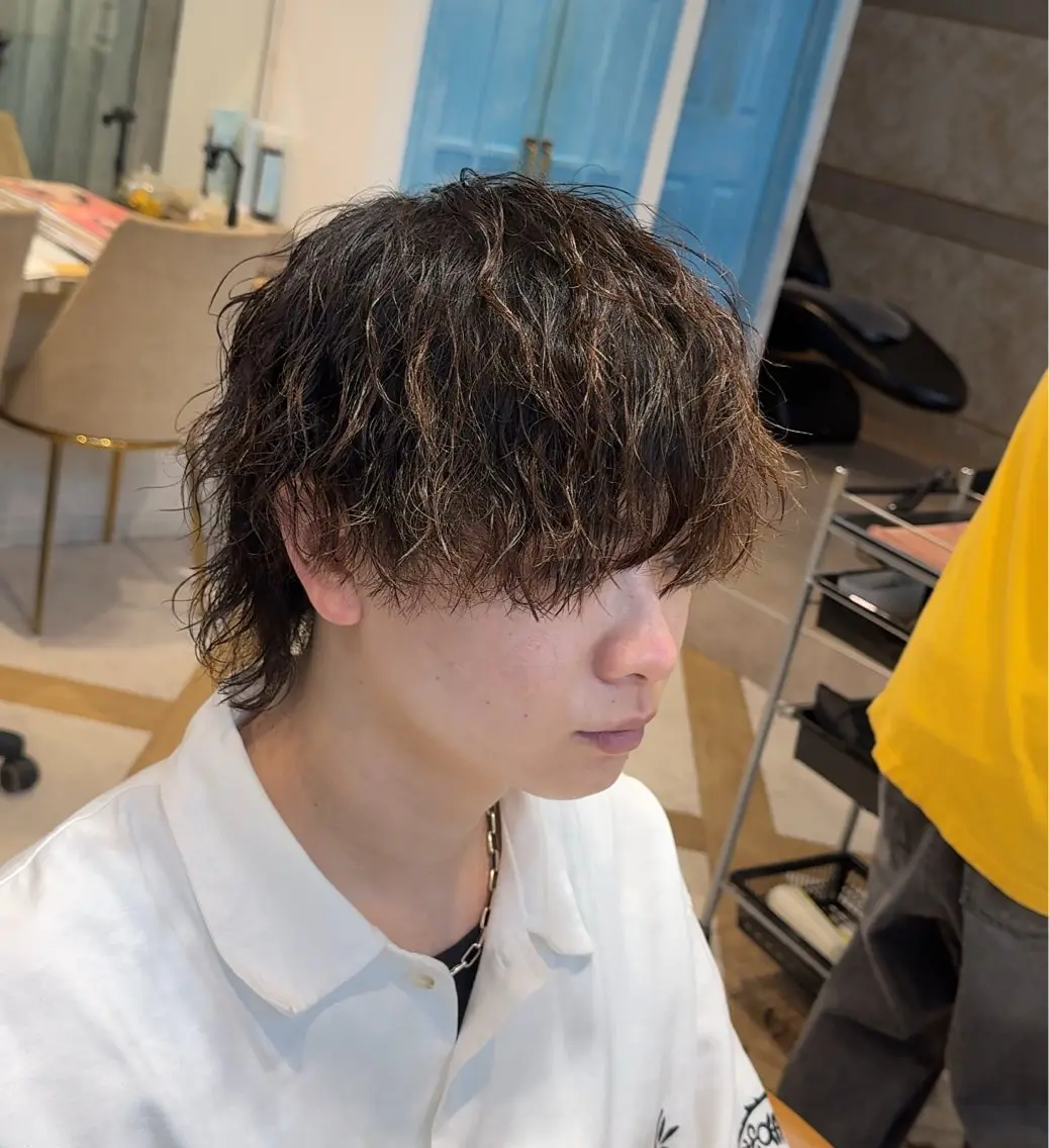 ミディアム パーマ メンズ カット パーマ ハクヤ心斎橋 パーマ/縮毛矯正のヘアスタイル