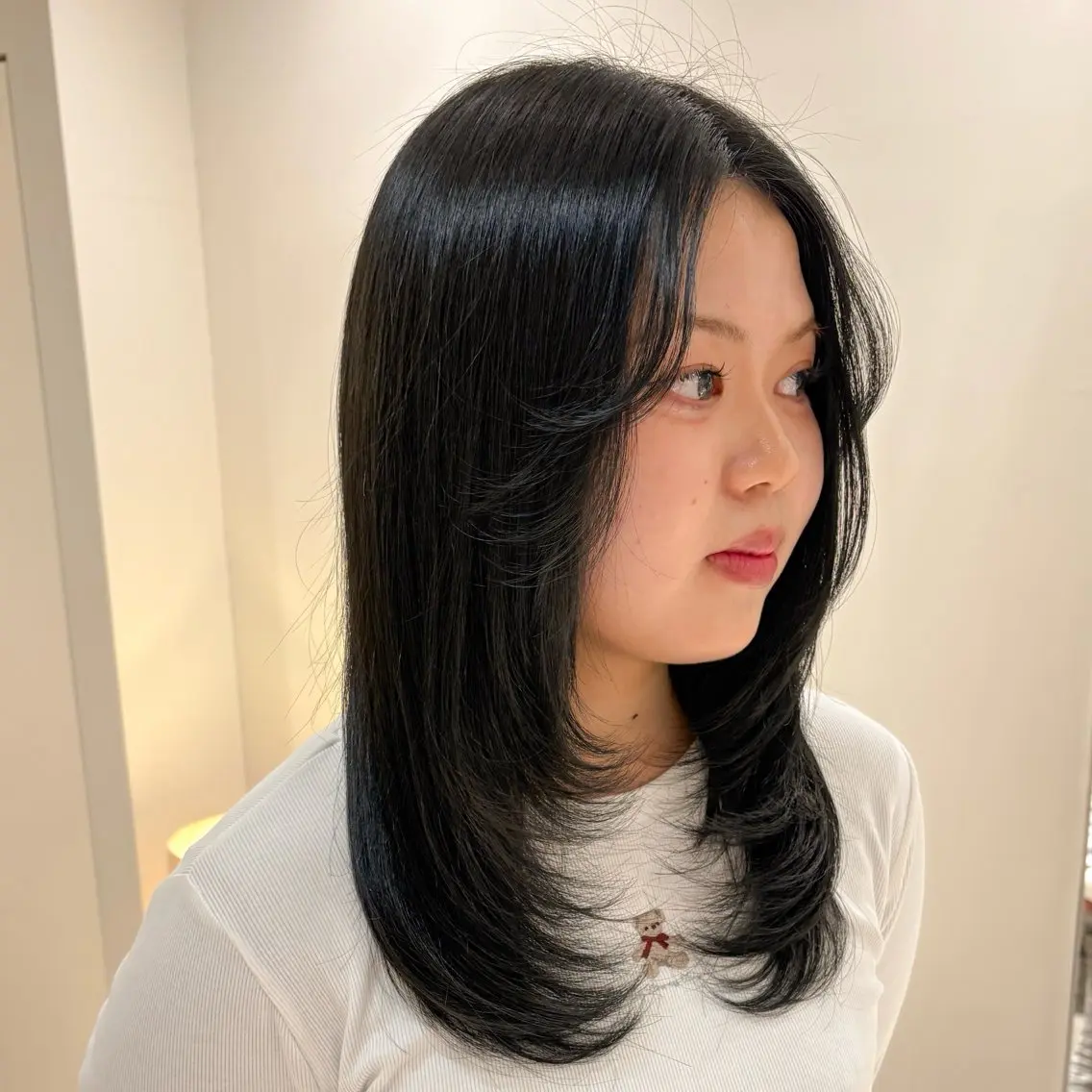 ミディアム カラー 黒髪 ブルーカラー ブルーブラック 透明感カラー 安西 香利奈のヘアスタイル