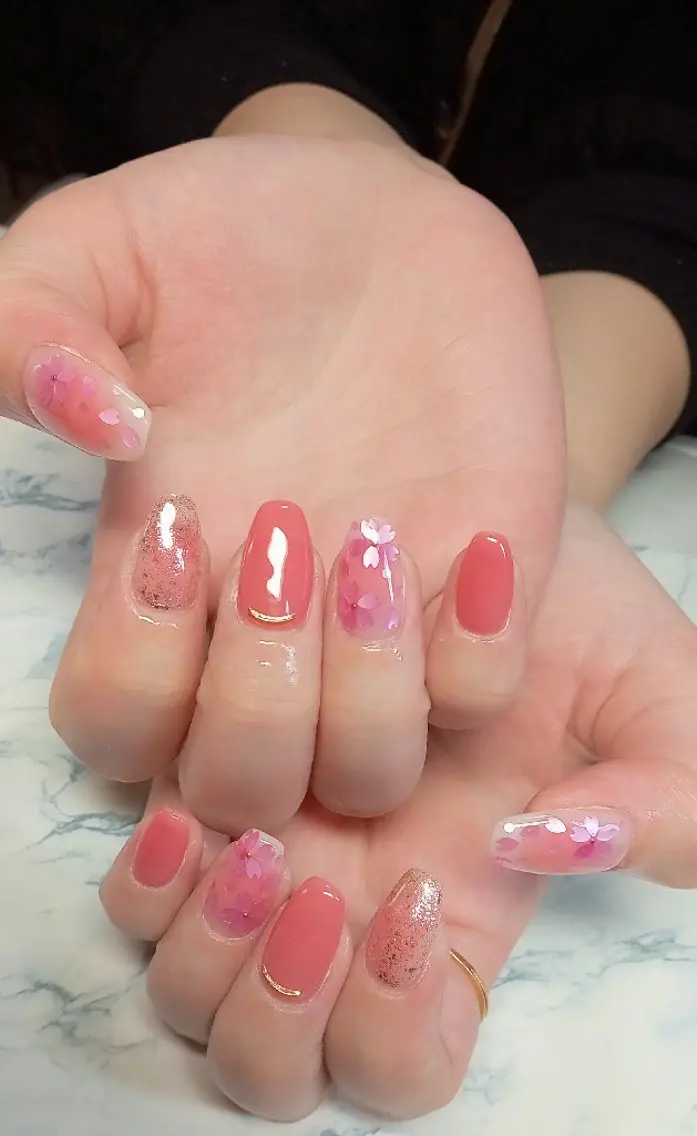 ネイル チークネイル 桜ネイル ジェルネイル キラキラネイル オフィスネイル ハンドネイル flure de neige yukiのネイルデザイン