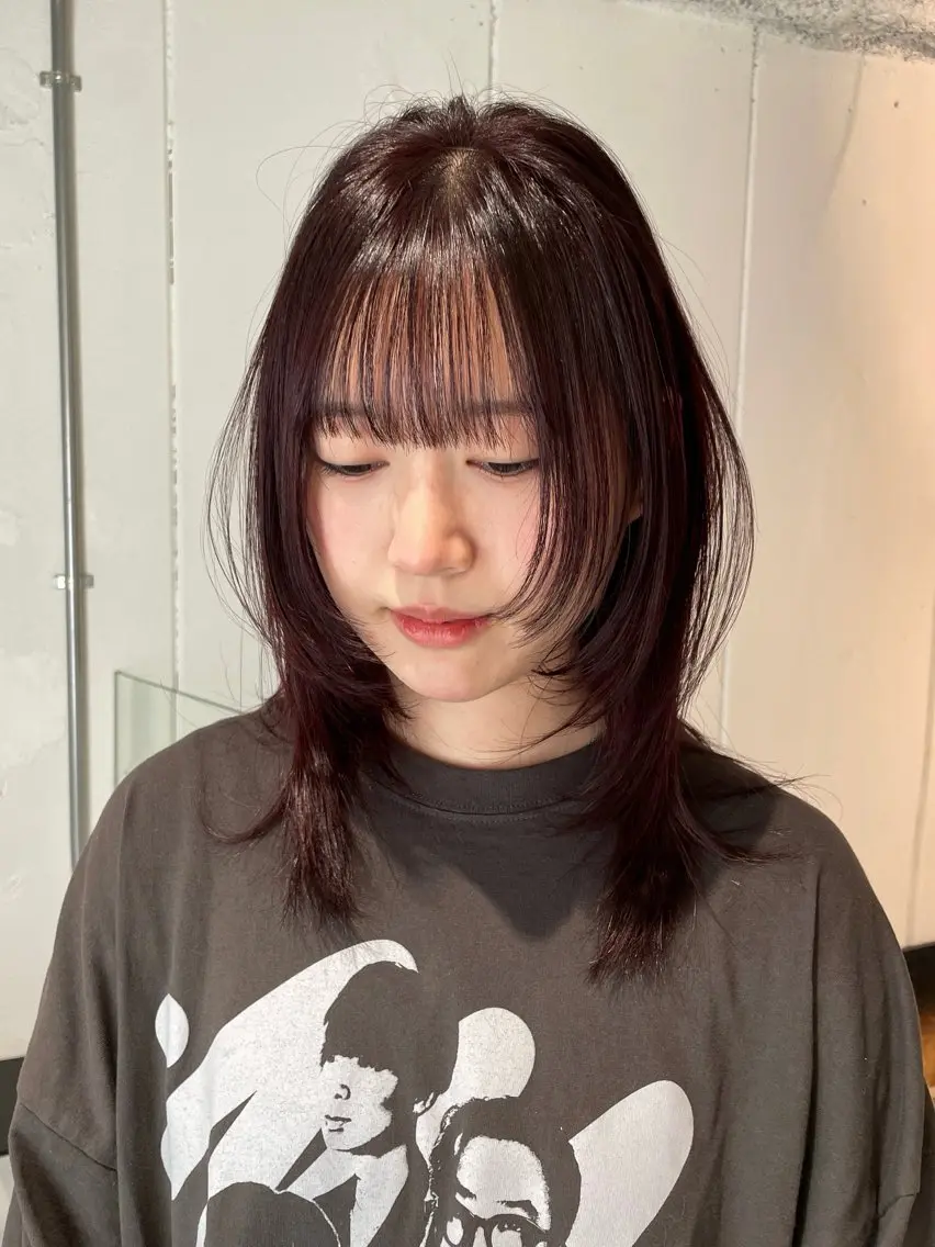 ミディアム カラー パーマ ミディアムレイヤー レイヤーカット カット ヘアカラー ハッシュカット/ 韓国ヘア☽⋰mahoのヘアスタイル
