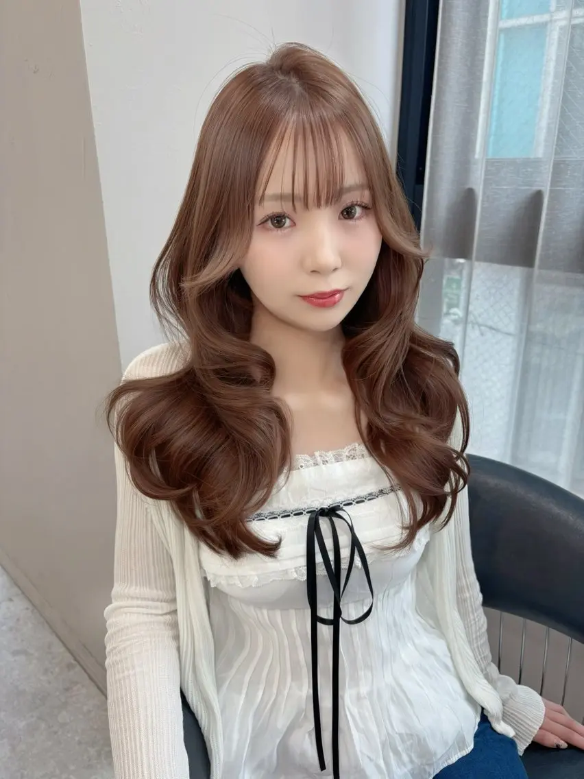 ロング 切りっぱなしボブ チョコレートブラウン ボブ くびれヘア 韓国風ヘア ヘアカラー RYOTA レイヤー 中明度カラー/縮毛のヘアスタイル
