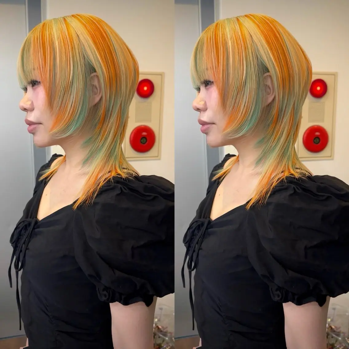 カラー ブリーチ デザインカラー ハイトーンカラー ミント オレンジ ヘアカラー slit kokoroのヘアスタイル