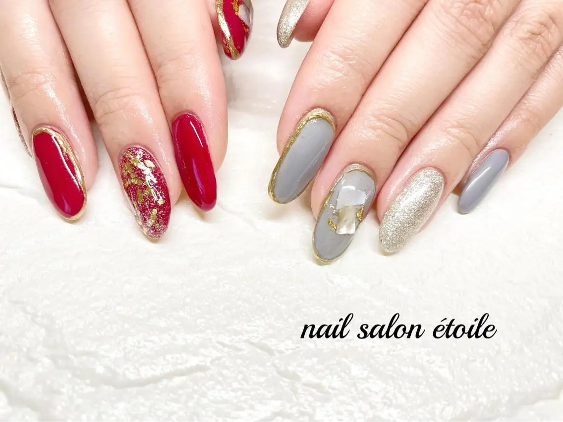 ネイル ゴールド ラメ(グリッター) ミラーネイル 赤色 ハンドネイル nail salon étoileのネイルデザイン