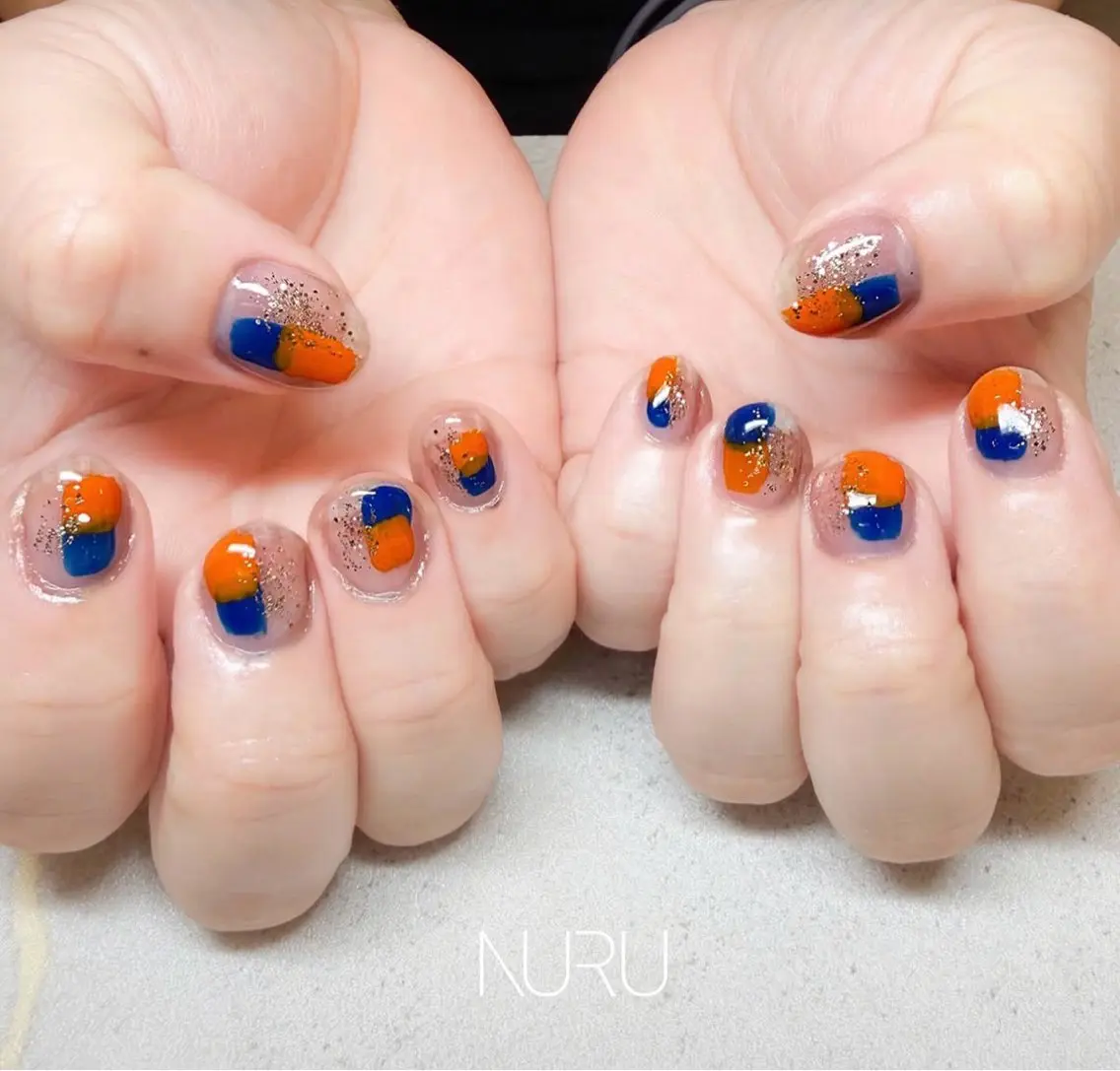 ネイル アートネイル ブルー クリアネイル ゴールド ラメ(グリッター) ハンドネイル NULLNAIL新宿 YUIのネイルデザイン