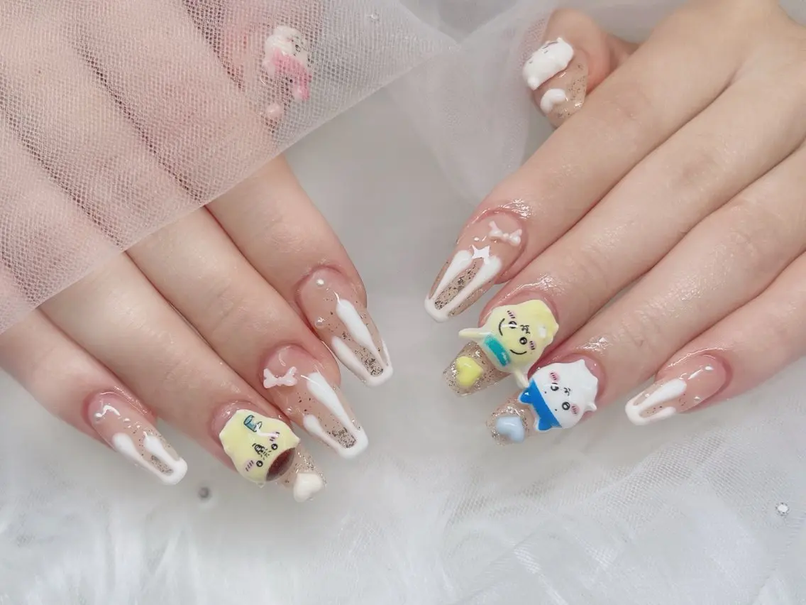 ネイル ブルー チークネイル ドット フレンチネイル ジェルネイル ハンドネイル Kei Nail Salonのネイルデザイン