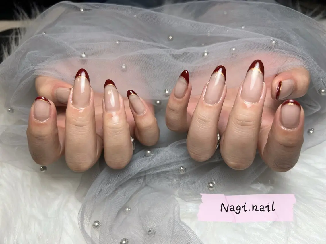 ネイル ボルドー フレンチネイル ゴールド シンプルネイル 凪 ナギ💕のネイルデザイン