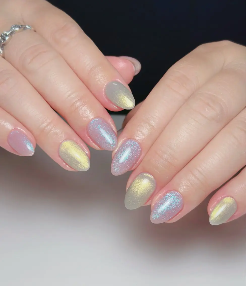 ネイル オーロラネイル 長さ出し フットネイル 韓国ネイル ラメ(グリッター) ハンドネイル 👍thumbs up nail👍のネイルデザイン