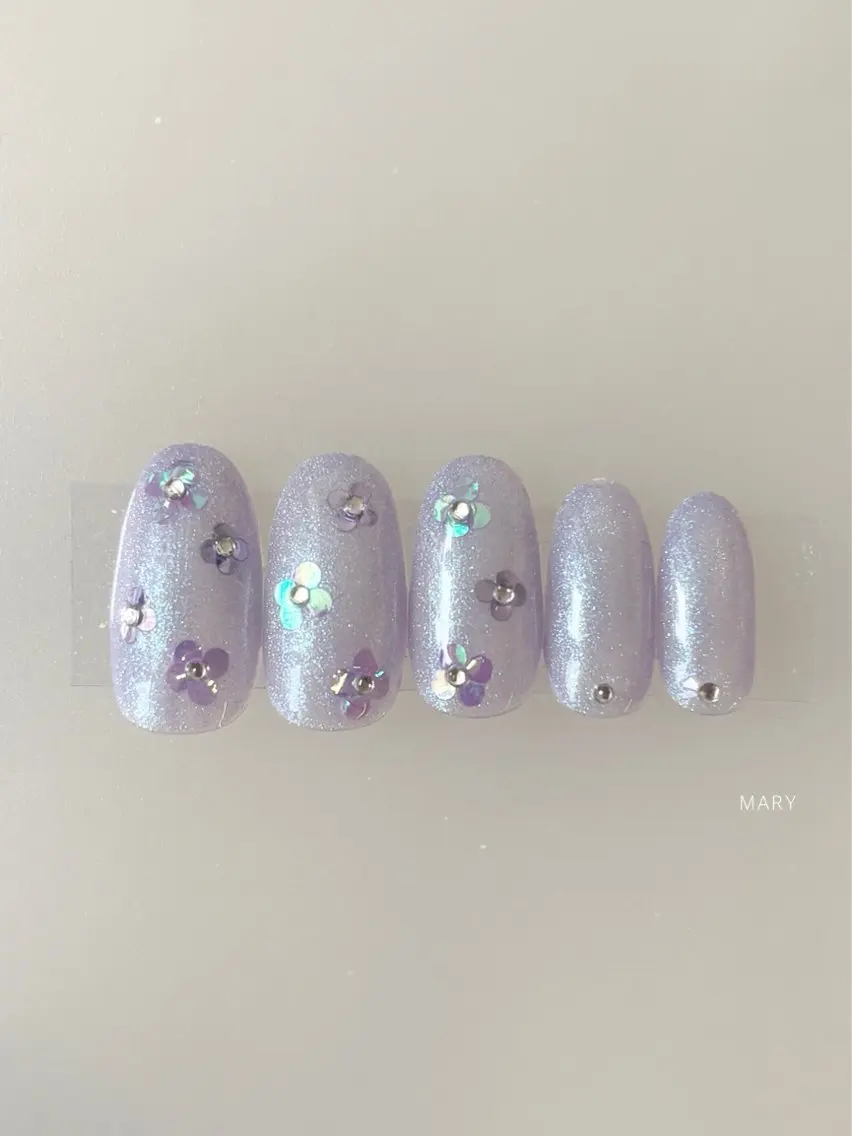 ネイル フラワーネイル ホログラムネイル マグネットネイル ニュアンスネイル パープル ハンドネイル Mary nail .narumiのネイルデザイン