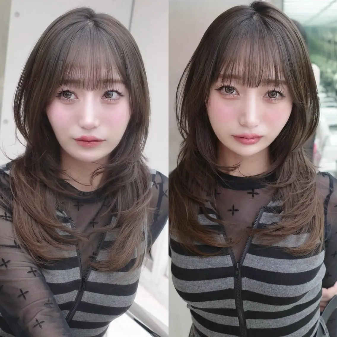 セミロング くびれヘア 顔周りカット ハイレイヤー 韓国風ヘア レイヤーカット カット レイヤーカット/ きったん/ハイライトのヘアスタイル