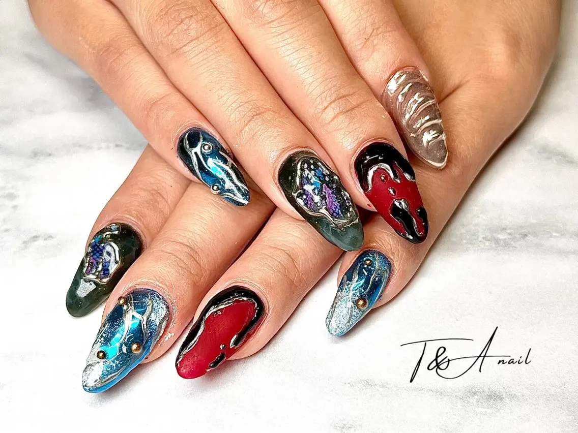 ネイル ブルー 長さ出し ジェルネイル ロングネイル ミラーネイル T&A nailのネイルデザイン
