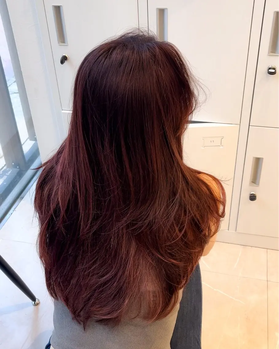 セミロング カラー カシス レッドカラー ハイレイヤー レイヤーカット カット ヘアカラー トリートメント ミタニ/髪質改善 /レイヤーカットのヘアスタイル