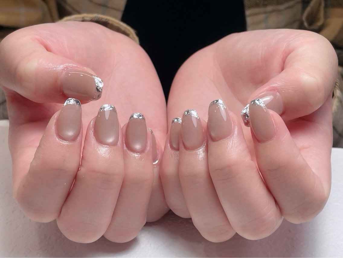 ネイル ボルドー ブラウン チークネイル 長さ出し フレンチネイル ハンドネイル MEO NAIL 中野①のネイルデザイン