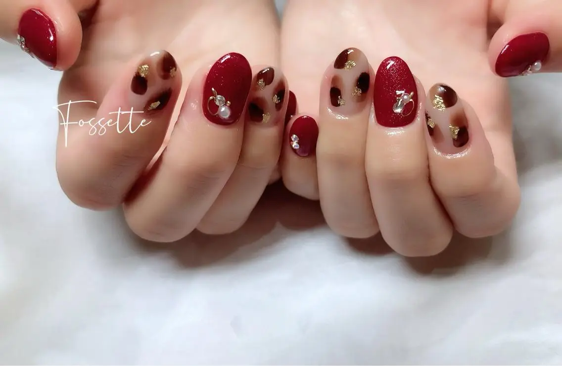 ネイル べっ甲ネイル ボルドー マグネットネイル ワンカラーネイル ハンドネイル nailsalon Fossetteのネイルデザイン