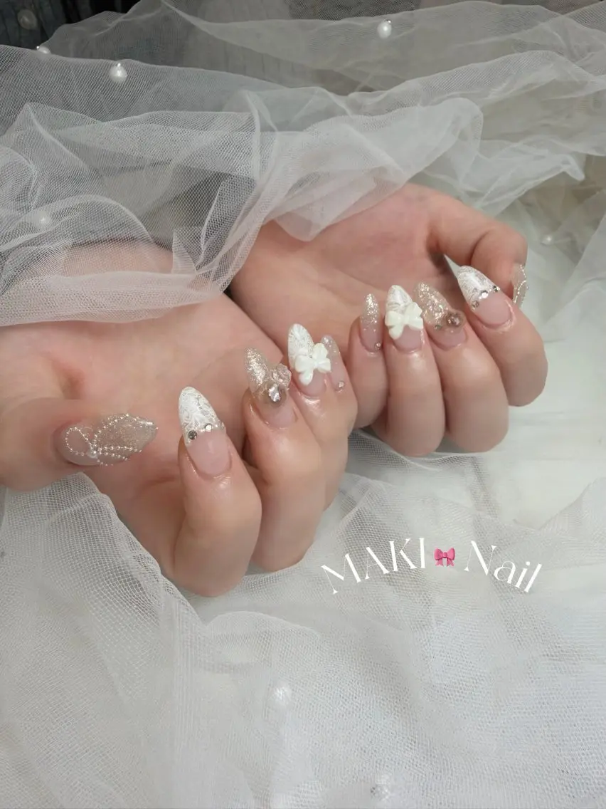 ネイル ガーリー レース リボン ハンドネイル MAKI💎堺筋本町 綺麗め/ガーリーのネイルデザイン