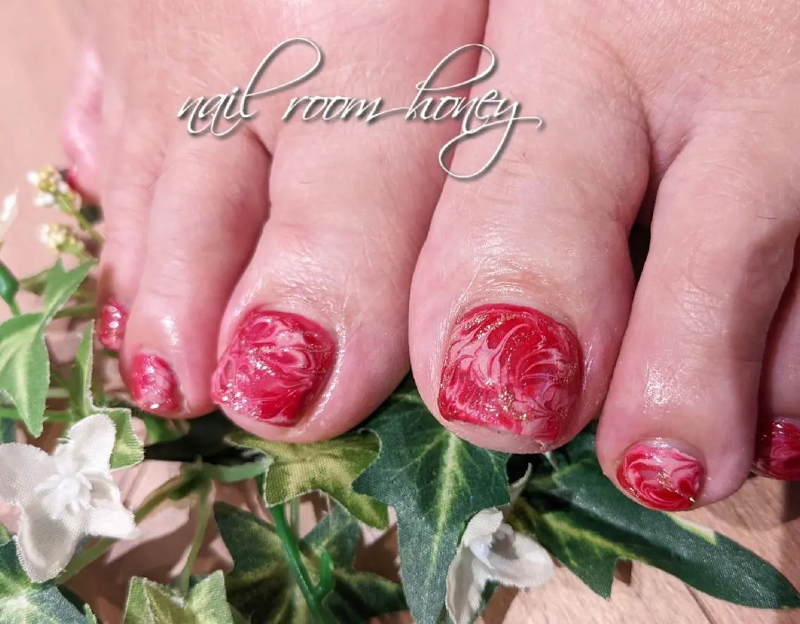 ネイル ボルドー フットネイル ジェルネイル 大理石ネイル(マーブル) nail room  honeyのネイルデザイン