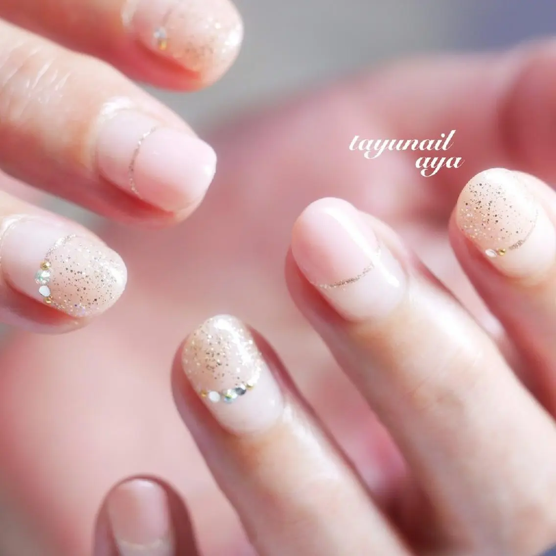 ネイル ブルー フレンチネイル ジェルネイル パラジェル ピンク ネイルサロン 【たゆnail】のネイルデザイン