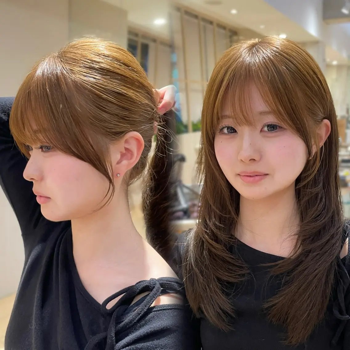 ミディアム 表参道小顔カット前髪 割れ改善クロスパーマのヘアスタイル