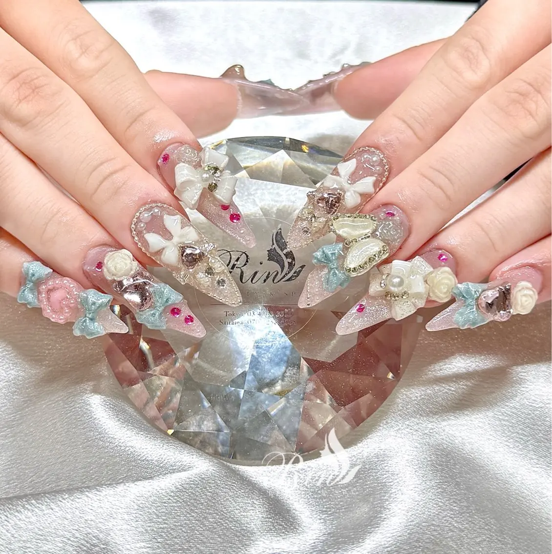 ネイル アートネイル 長さ出し ガーリー 韓国ネイル 持ち込み Rin Nail 新大久保店のネイルデザイン