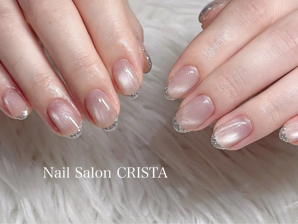 ネイル フレンチネイル ガラスフレンチ ラメ(グリッター) ハンドネイル CRISTA💠 ヒナタのネイルデザイン