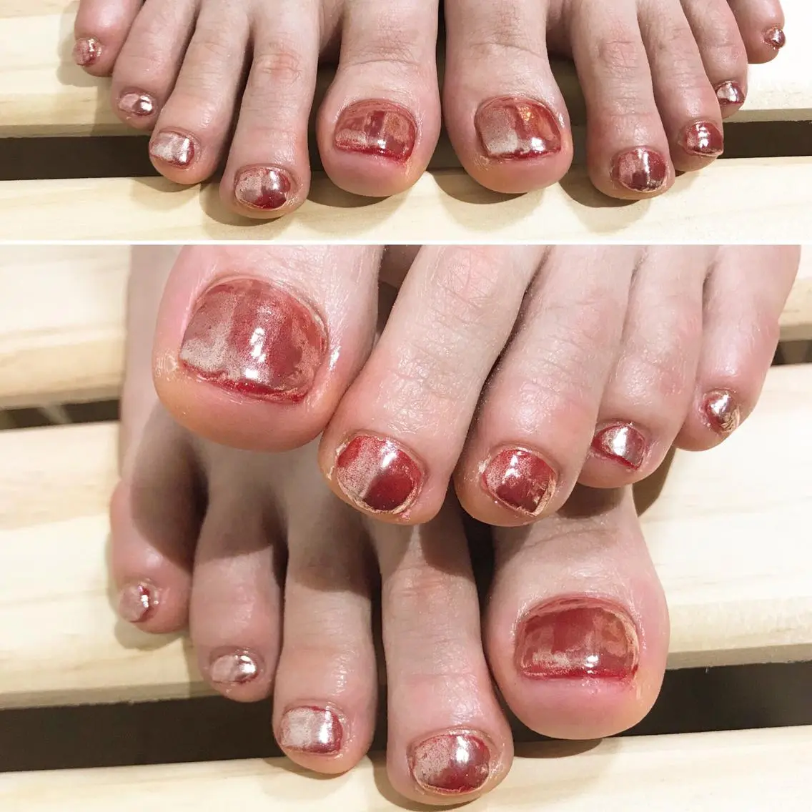 ネイル フットネイル ミラーネイル 赤色 シンプルネイル 春ネイル フットネイル nail fufla ♡yamane♡のネイルデザイン
