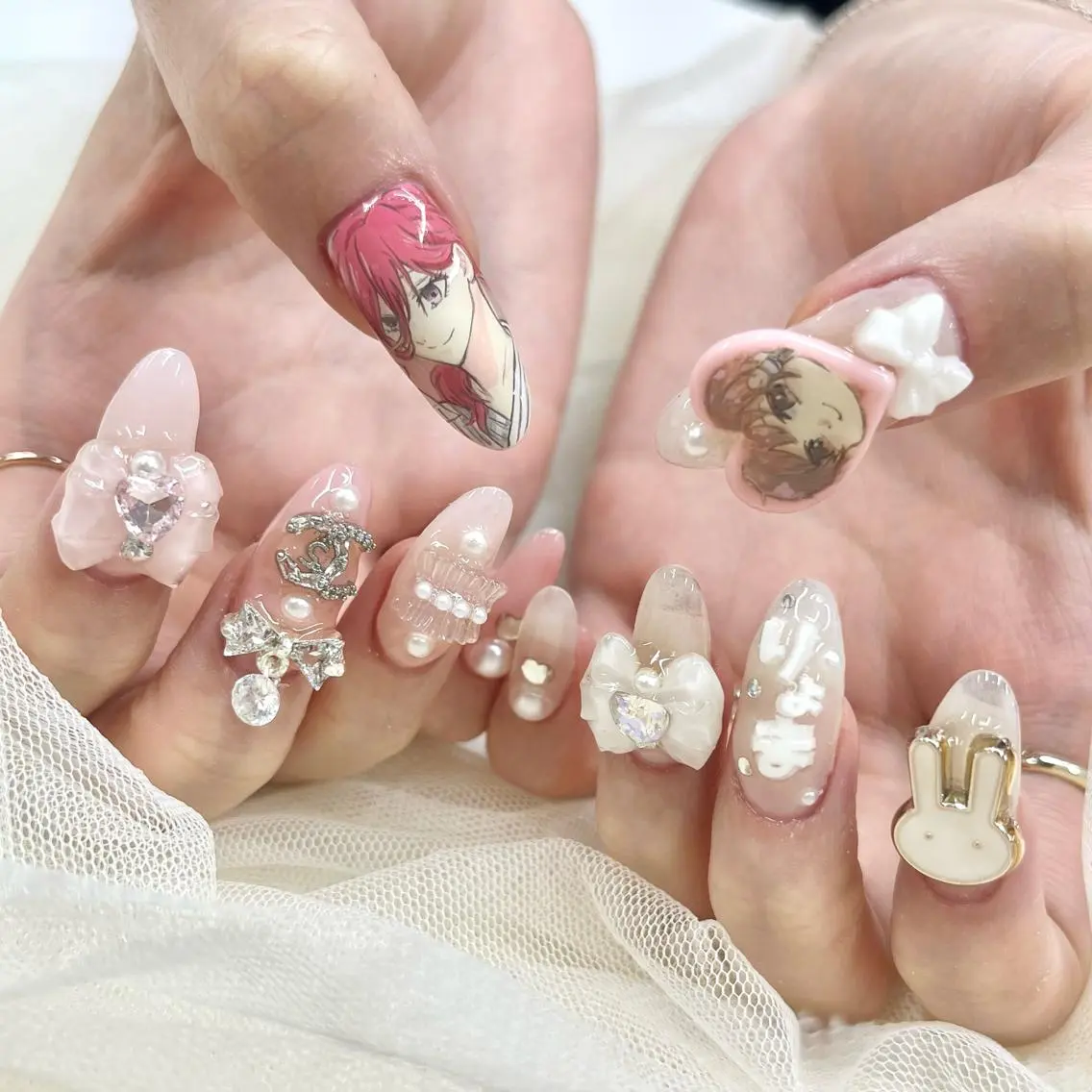ロング ネイル ハート レース リボン ハンドネイル 池袋痛ネイル Nok. 渡辺のネイルデザイン