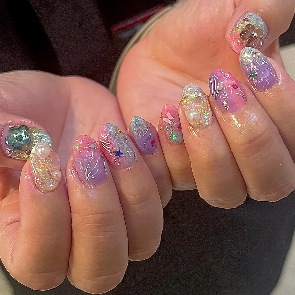 ネイル アートネイル フラワーネイル グラデーション ホログラムネイル パープル ハンドネイル フットネイル Para Sol nail　Maoのネイルデザイン