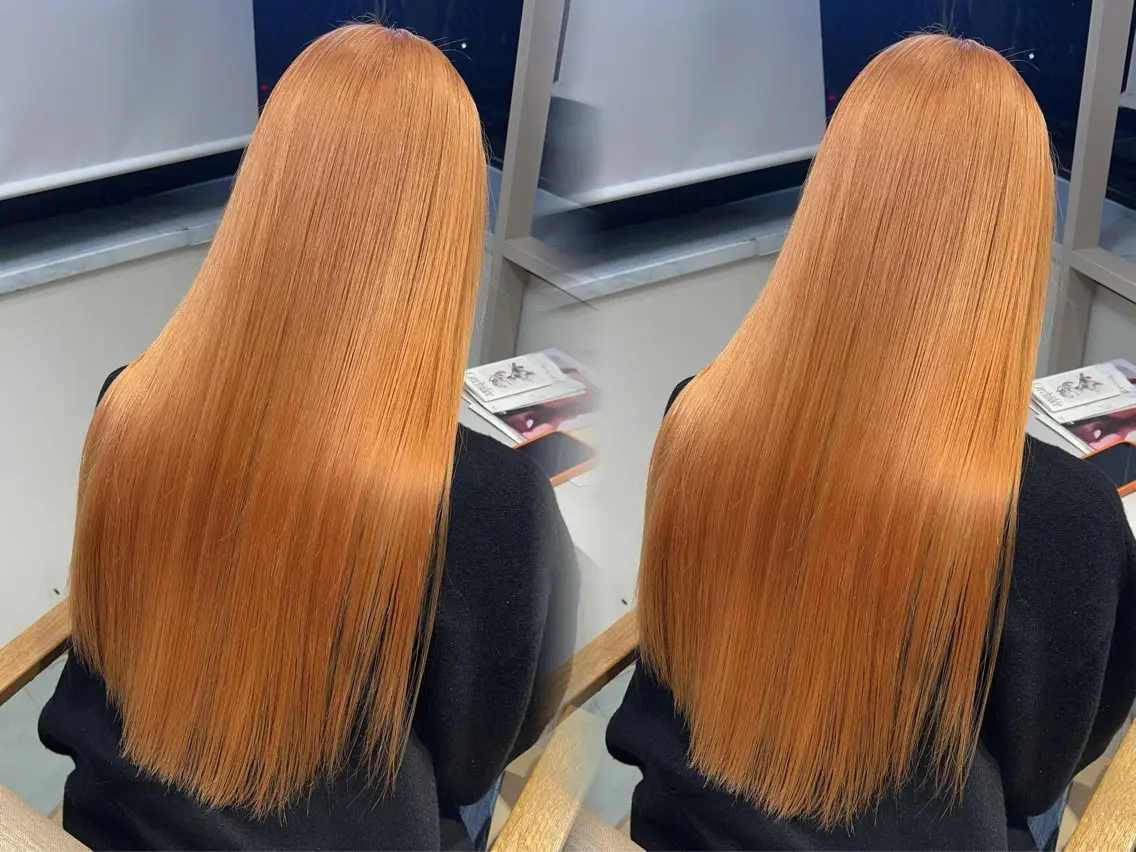 ロング カラー ブリーチ ハイトーンカラー オレンジ ayaka🫧 梅田ダブルカラーのヘアスタイル