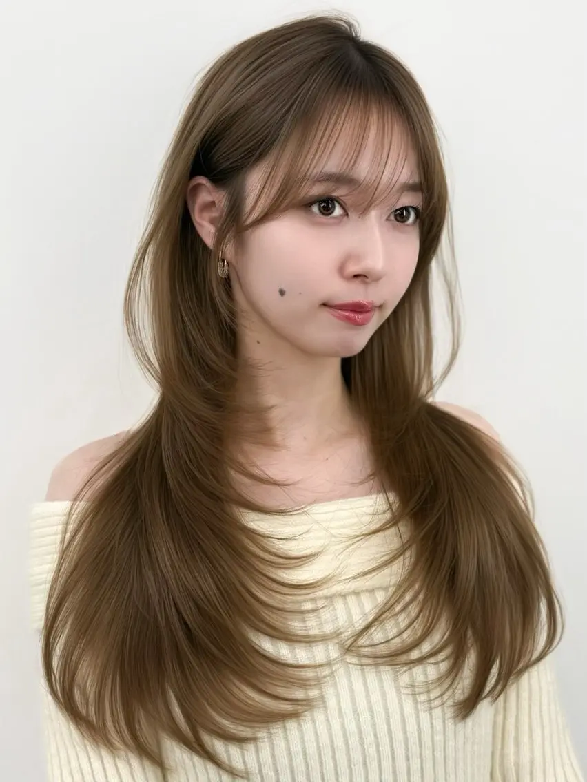 セミロング 韓国風ヘア レイヤーカット カット 割れない顔まわり× 小顔補正レイヤー難波のヘアスタイル