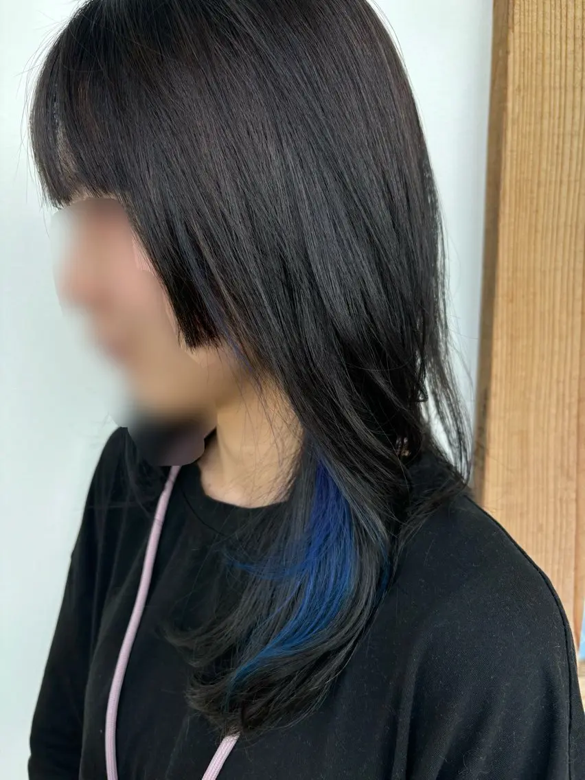 ロング カラー 黒髪 ブルーカラー ブルーブラック イヤリングカラー レイヤーカット Ayano_ Jill francのヘアスタイル