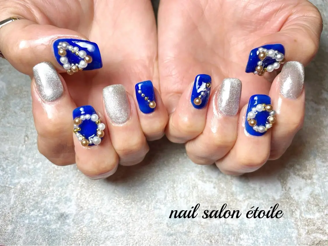 ネイル アートネイル ブルー ジェルネイル キラキラネイル ラメ(グリッター) ハンドネイル nail salon étoileのネイルデザイン