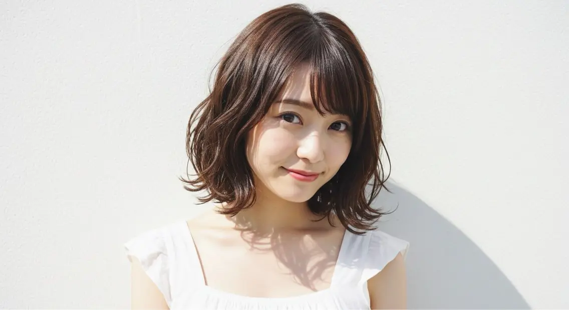 ミディアム ミディアムパーマ 外ハネヘア カット ヘアカラー トリートメント 石沢 知康のヘアスタイル