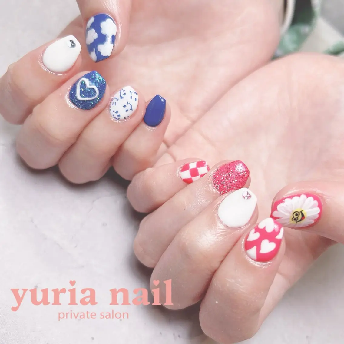 ネイル ブルー ジェルネイル ハート 持ち込み ピンク ハンドネイル 小林 ゆりあのネイルデザイン