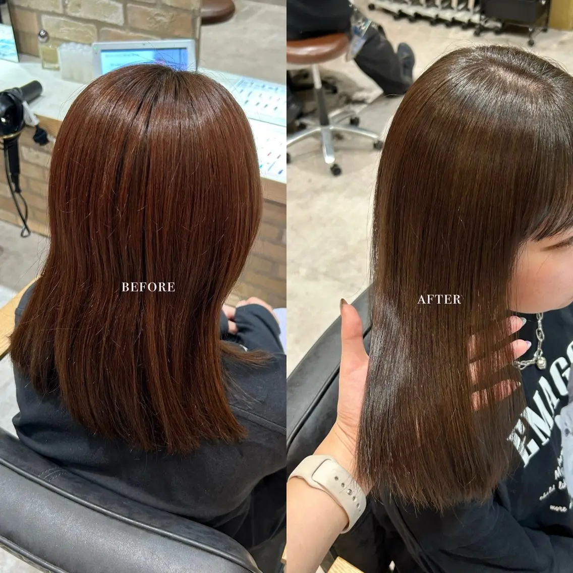 ロング カラー オリーブカラー ヘアカラー 美髪縮毛 COCOROのヘアスタイル