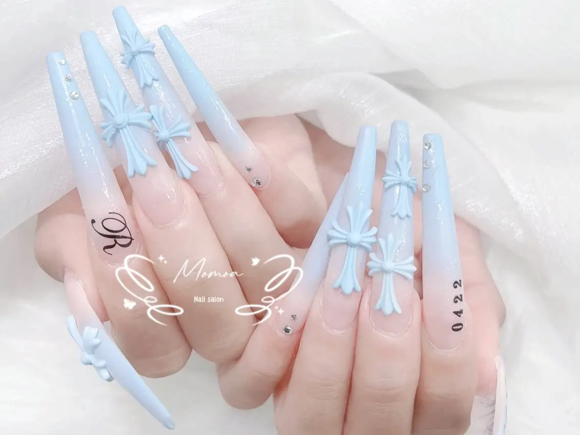 ネイル 成人式 大理石ネイル(マーブル) リボン 夏ネイル ネイルチップ ハンドネイル MoMoA Nail ネイル長さ出し専門店のネイルデザイン