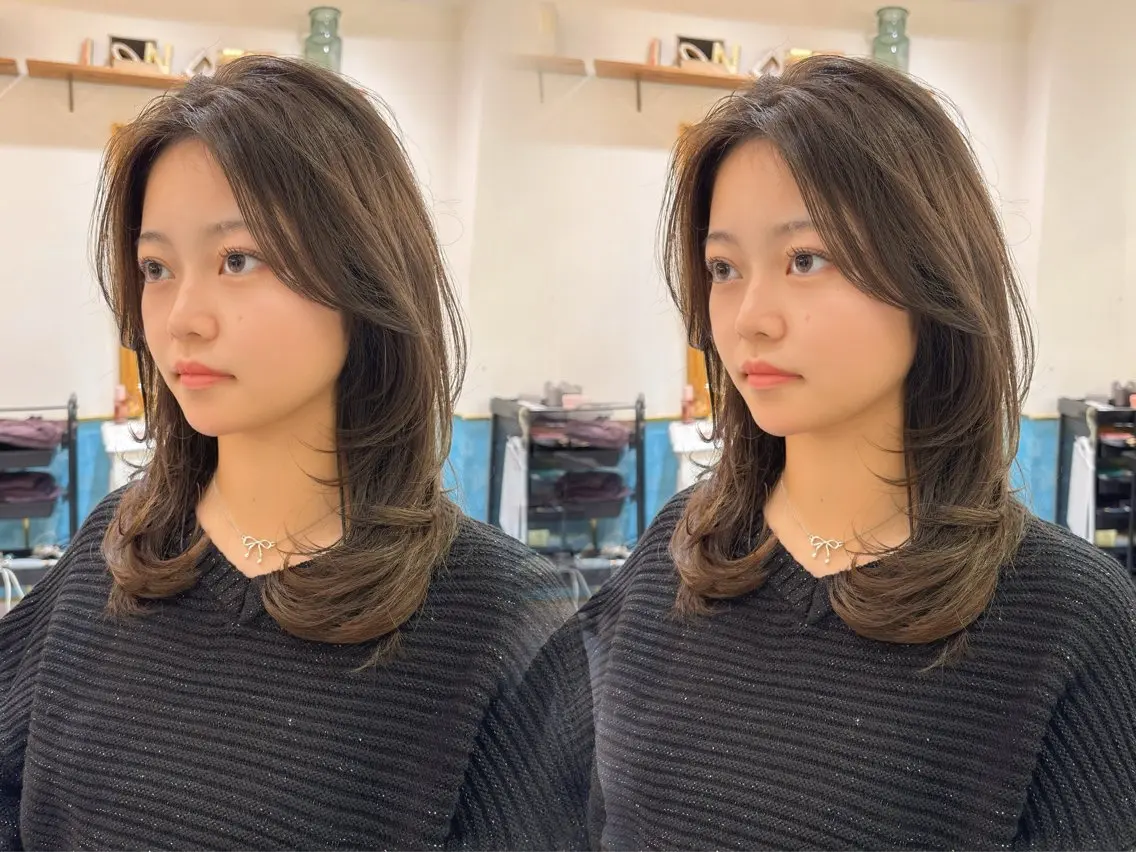 ミディアム カラー ヘアアレンジ カット ヘアカラー トリートメント ♥韓国レイヤー/透明 感カラー/目黒慎太郎のヘアスタイル