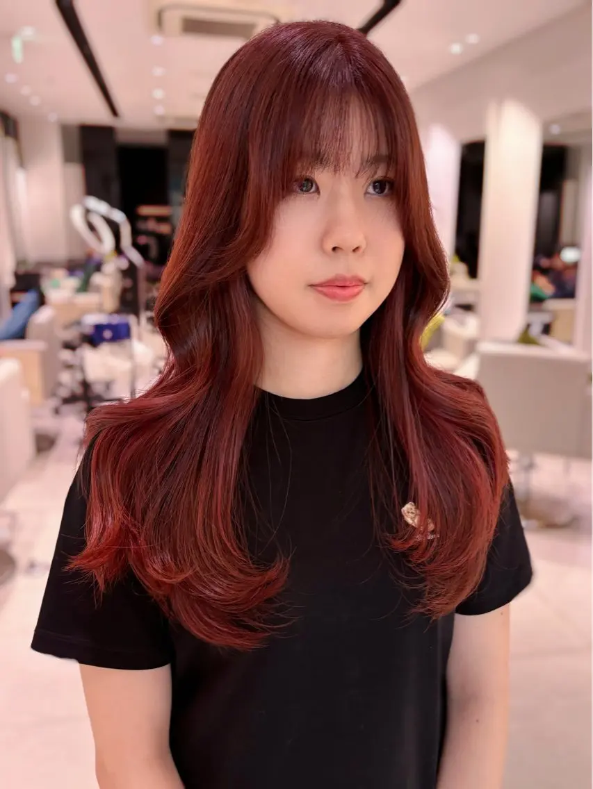 ロング カラー ブリーチ ブリーチなしカラー レッドカラー レイヤーカット カット ヘアカラー トリートメント 銀座/韓国レイヤー/ 艶カラー🍓原田侑依のヘアスタイル