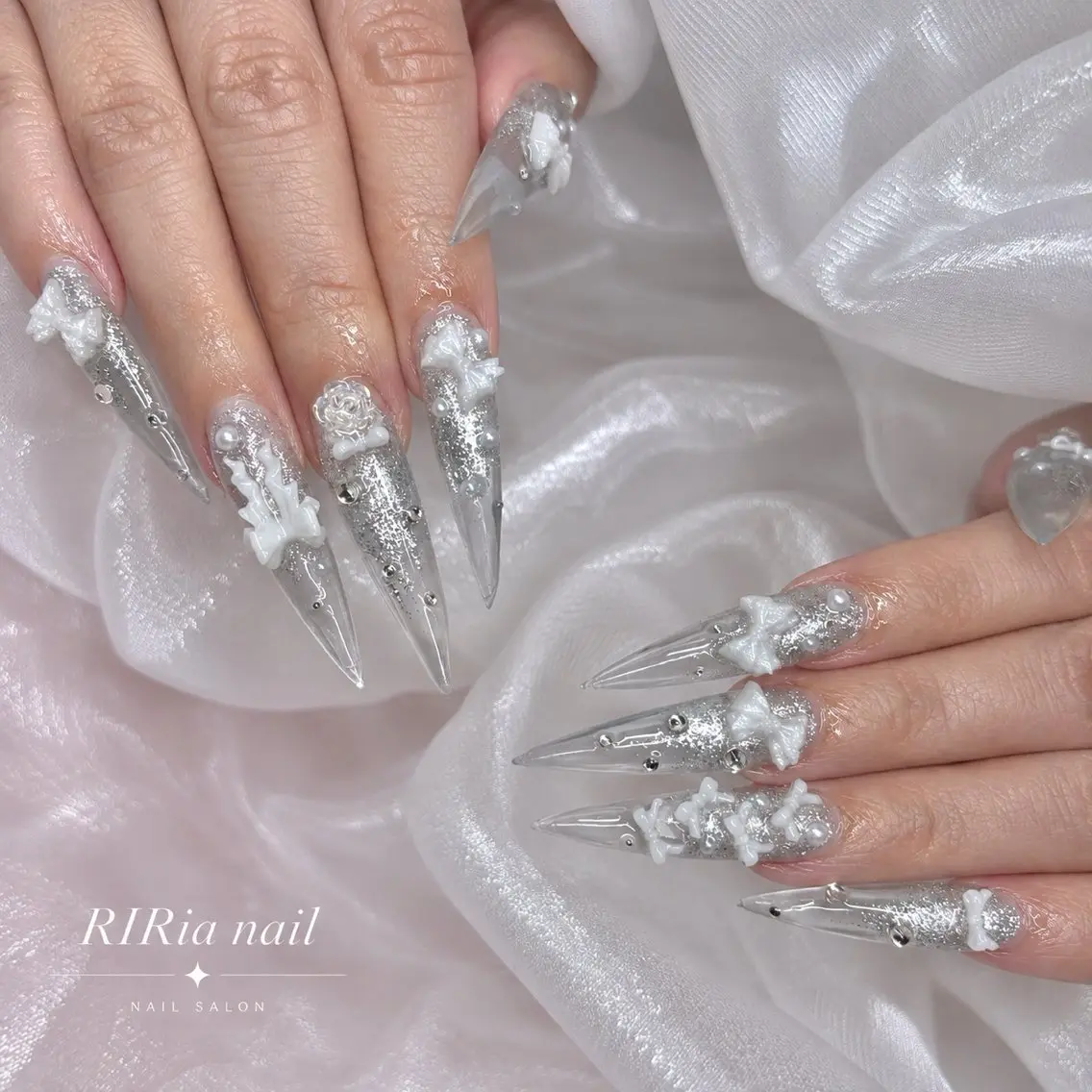 ネイル ブルー クリアネイル 韓国ネイル リボン ハンドネイル 🎀RIRia nail🎀のネイルデザイン