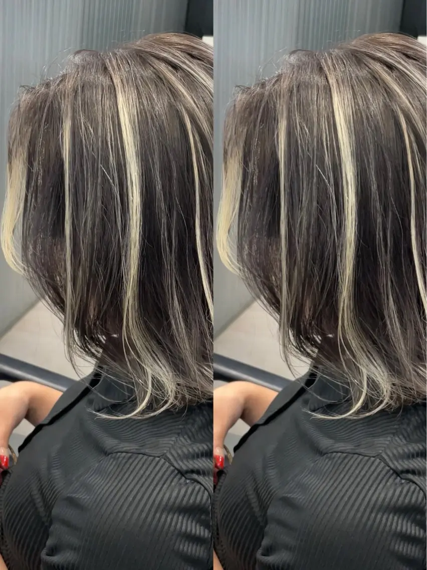 セミロング カラー ベージュカラー ブリーチ グレージュ ハイライトカラー ハイライト カット ヘアカラー トリートメント 表参道/ハイライト バレイヤージュのヘアスタイル