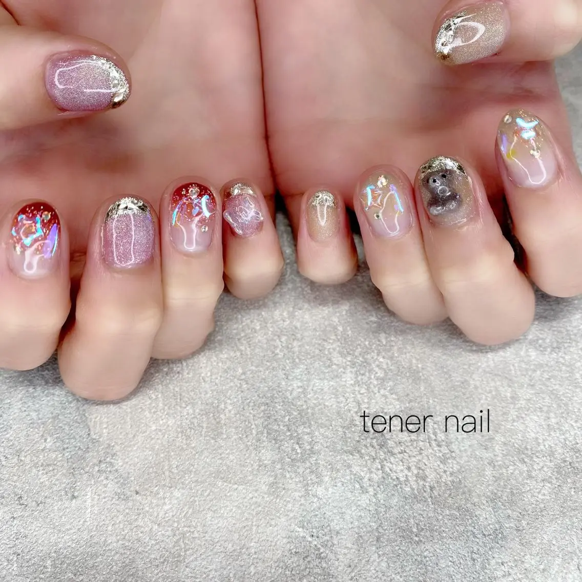 ネイル オーロラネイル フレンチネイル ガラスフレンチ 韓国ネイル ストーンネイル テネルネイル tener nailのネイルデザイン
