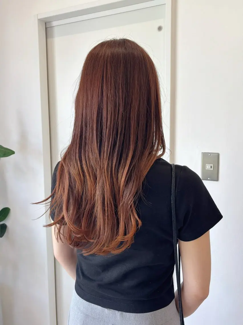 ロング オレンジブラウン カット ヘアカラー トリートメント 真弓 理沙/艶カラーのヘアスタイル