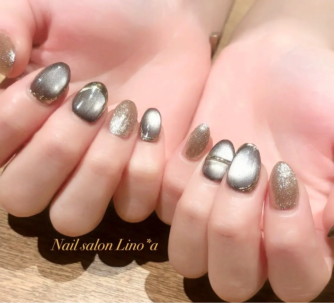 ネイル ブラウン 長さ出し ラメ(グリッター) マグネットネイル 持ち込み ハンドネイル Nail salon Lino*aのネイルデザイン