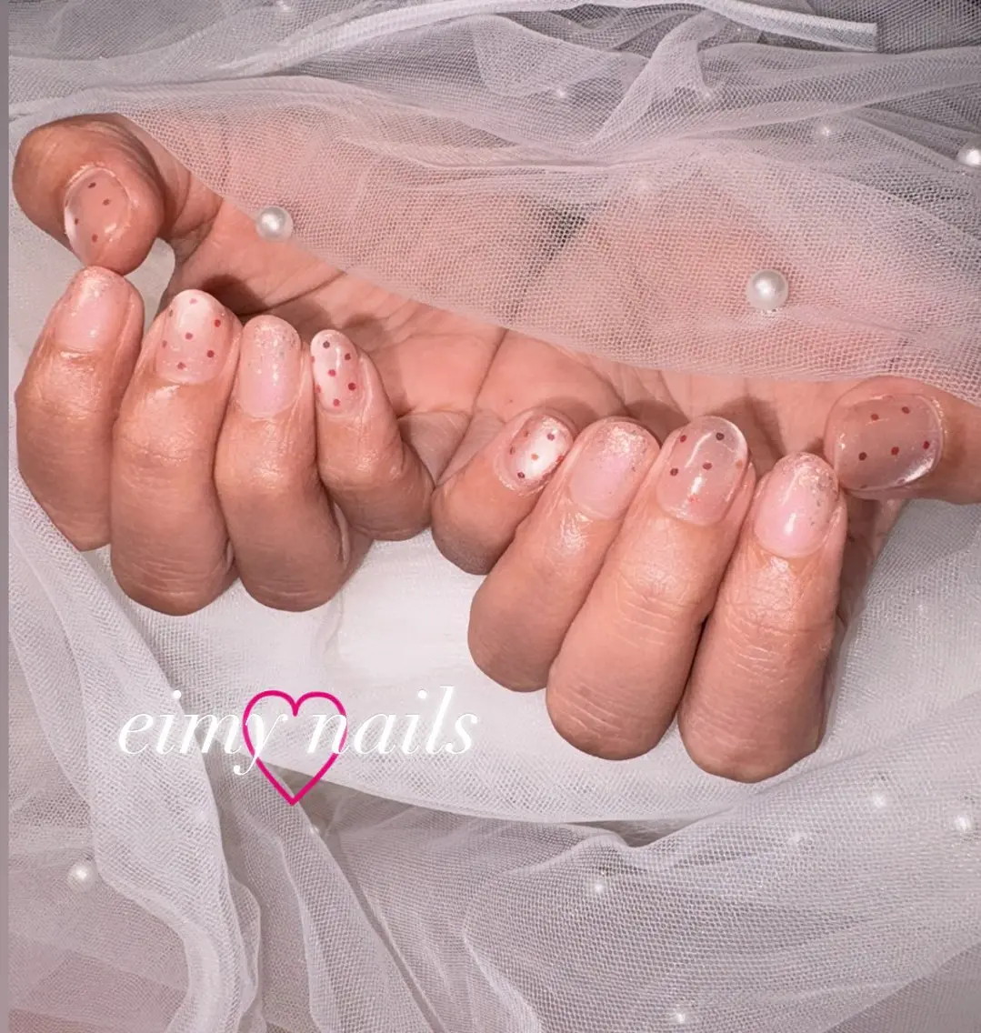 ネイル オーロラネイル ドット オフィスネイル ピンク 夏ネイル ハンドネイル eimy nails♡のネイルデザイン