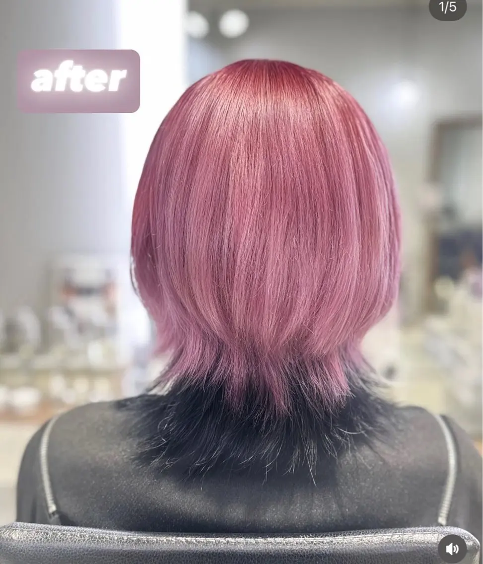 セミロング カラー 黒髪 デザインカラー ピンクカラー ウルフカット 髙木 利央のヘアスタイル