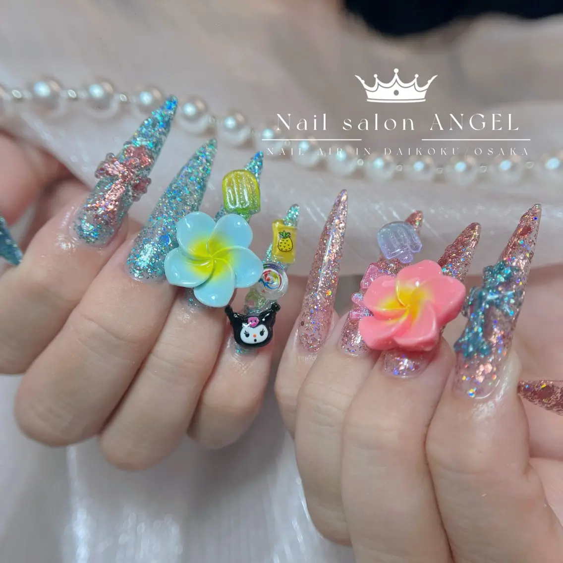 ネイル ジェルネイル ゴージャス 韓国ネイル ロングネイル シルバー ハンドネイル ANGEL Riaのネイルデザイン