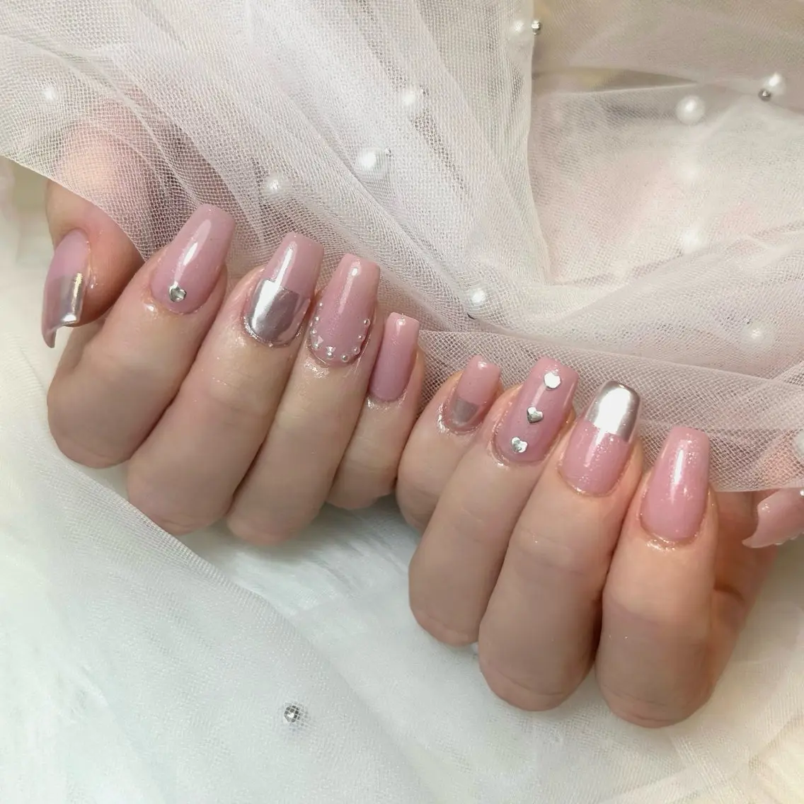 ネイル フレンチネイル ハート ミラーネイル ピンク 中村 和未のネイルデザイン