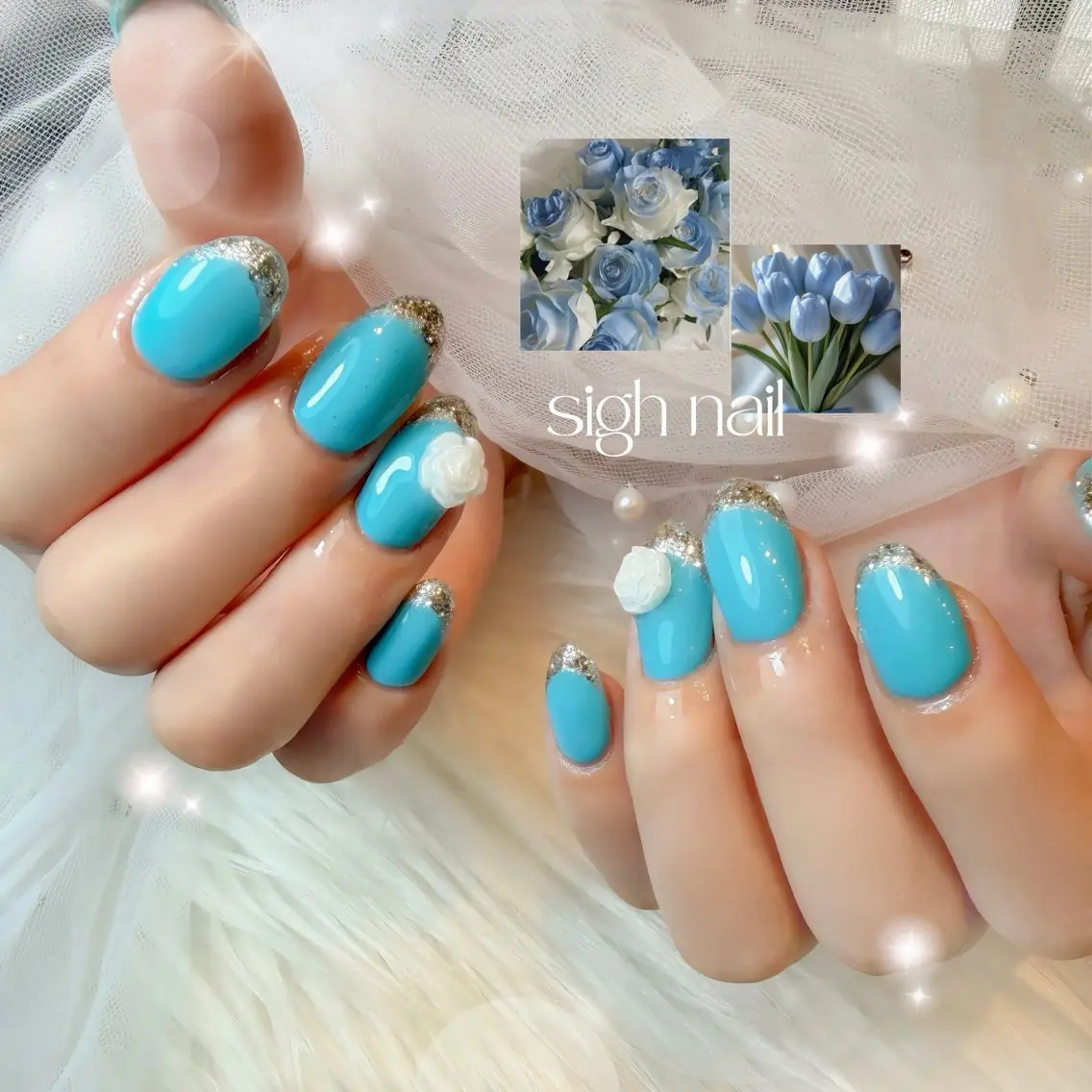 ネイル ブルー フラワーネイル ラメ(グリッター) 水色 シルバー ハンドネイル sigh nail 1級ネイリストのネイルデザイン