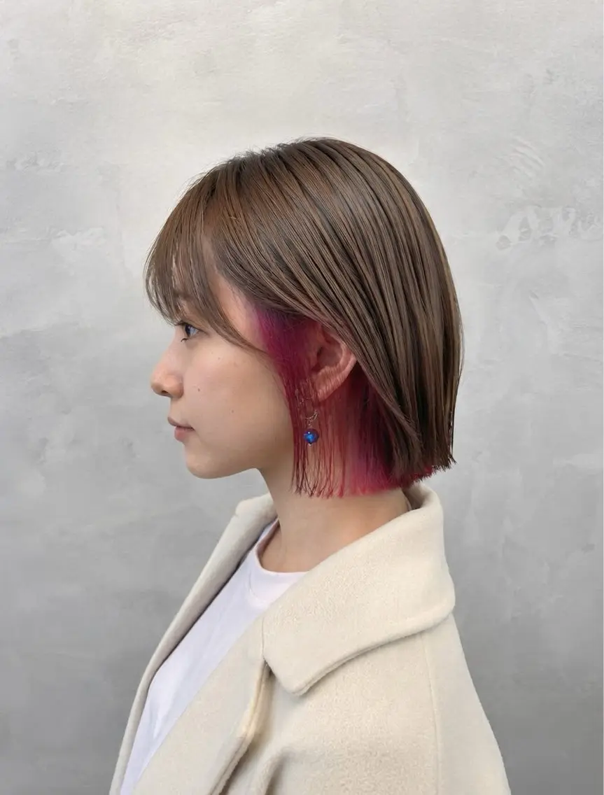 ミディアム カラー イヤリングカラー インナーカラー ピンクカラー ボブ カット ヘアカラー トリートメント 【enil代表】 杉林和哉のヘアスタイル
