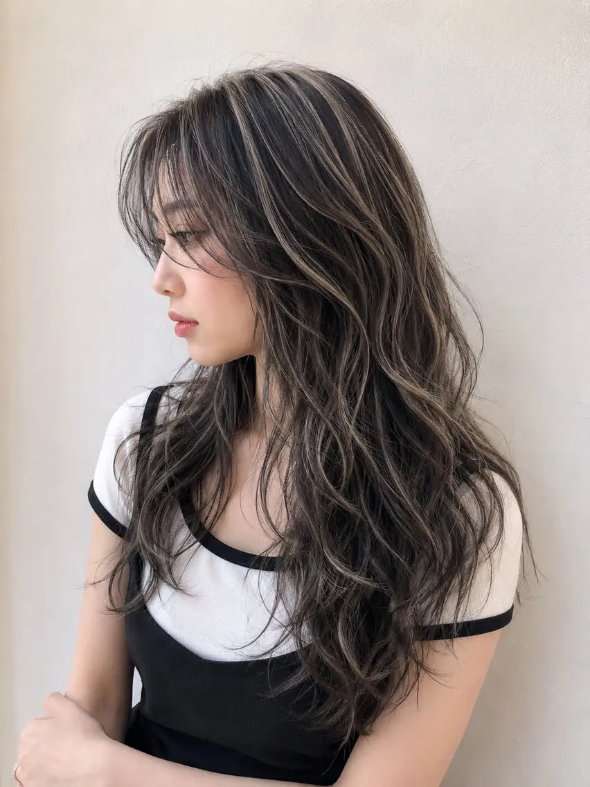 ロング カラー ハイライトカラー 顔まわりレイヤー 外国人風カラー ハイライト レイヤーカット カット ヘアカラー トリートメント 海外風レイヤーカット 👑店長 平松 由のヘアスタイル